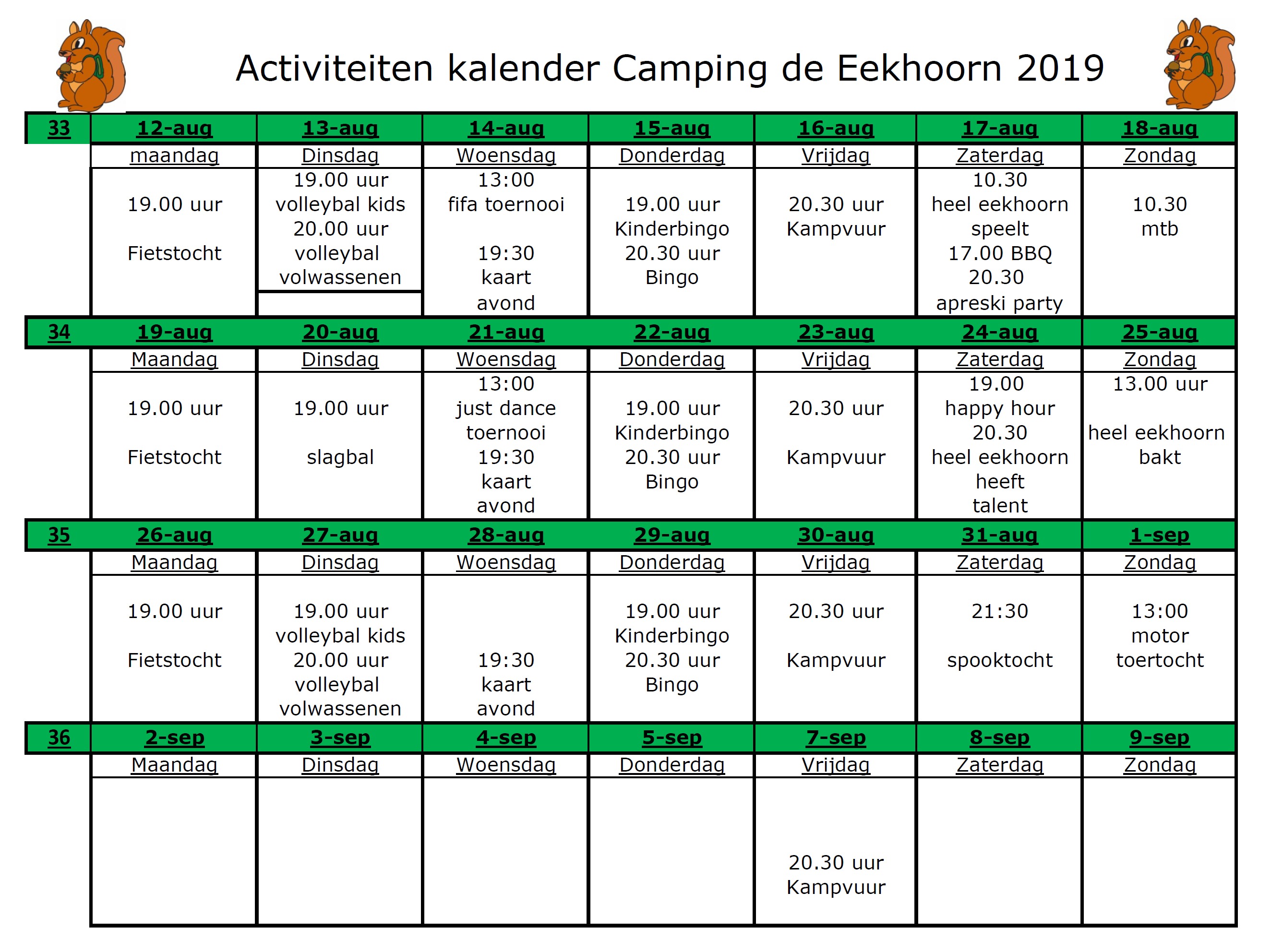 Activiteitenkalender augustus en september - Camping de Eekhoorn